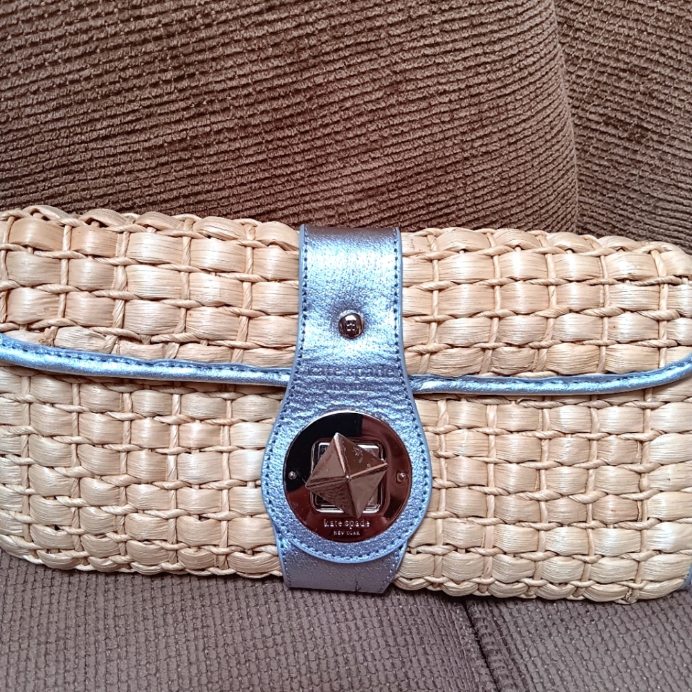 Kate Spade Beige Woven Clutch with Metallic Accents